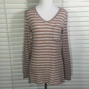 Cabi Striped High Low V Neck Long Sleeve Top Small